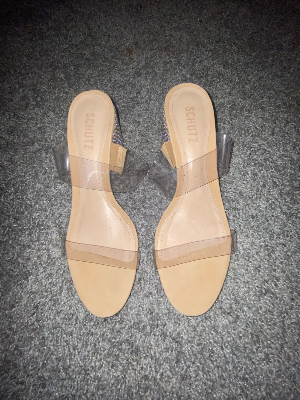 SCHUTZ Clear Strap Nude Slide Heels
